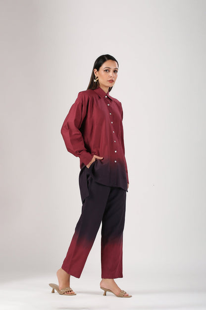 Maroon Ombre Co Ord Set at Kamakhyaa by MOH-The Eternal Dhaga. This item is 100% pure cotton, Cotton, Maroon, Moh-The eternal Dhaga, Multicolor, Natural, Office Wear, Office Wear Co-ords, Ombre and Dyes, Regular Fit, Womenswear