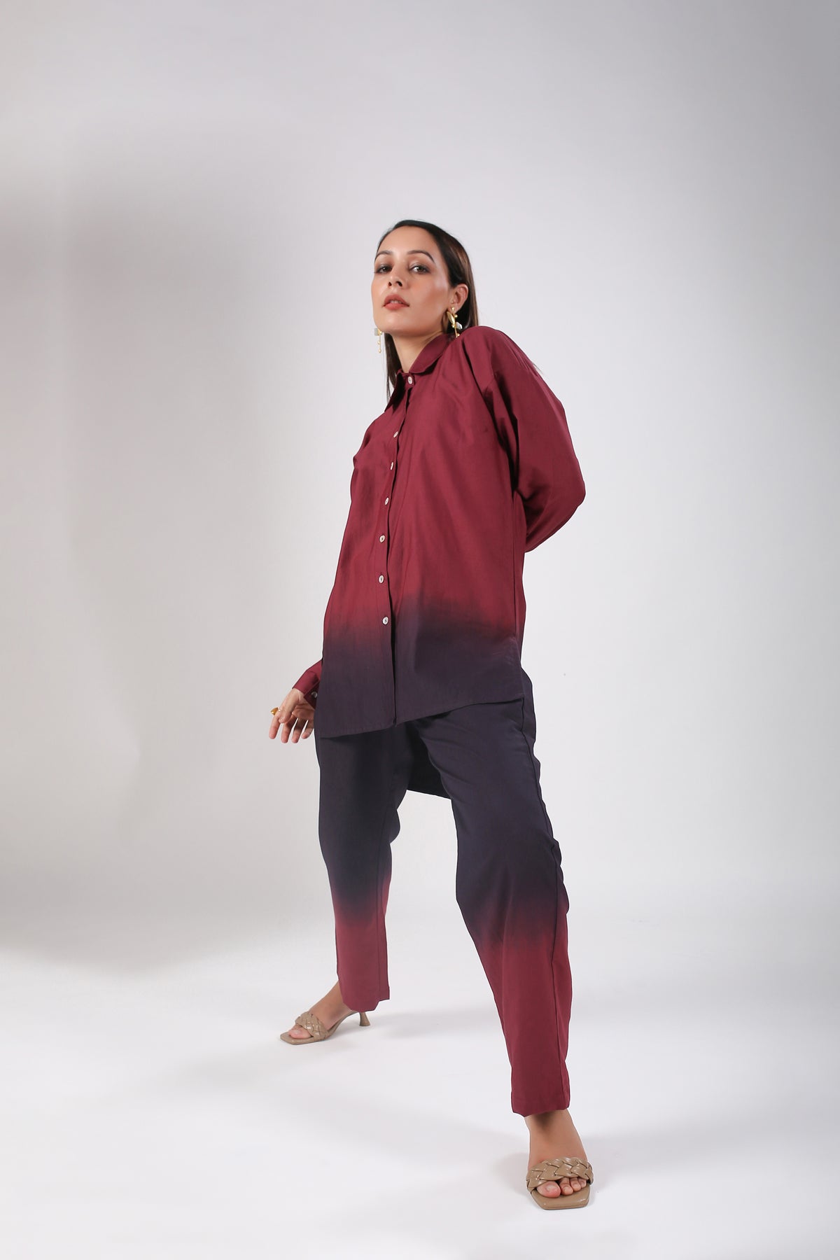 Maroon Ombre Co Ord Set at Kamakhyaa by MOH-The Eternal Dhaga. This item is 100% pure cotton, Cotton, Maroon, Moh-The eternal Dhaga, Multicolor, Natural, Office Wear, Office Wear Co-ords, Ombre and Dyes, Regular Fit, Womenswear