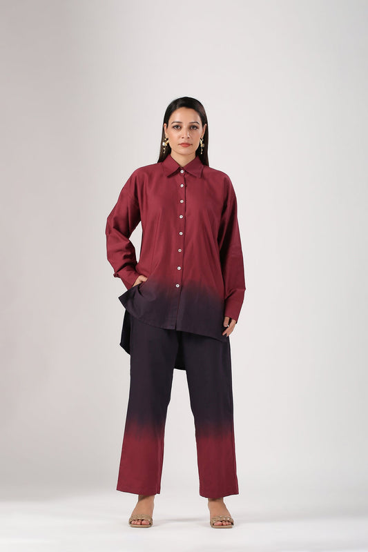 Maroon Ombre Co Ord Set at Kamakhyaa by MOH-The Eternal Dhaga. This item is 100% pure cotton, Cotton, Maroon, Moh-The eternal Dhaga, Multicolor, Natural, Office Wear, Office Wear Co-ords, Ombre and Dyes, Regular Fit, Womenswear