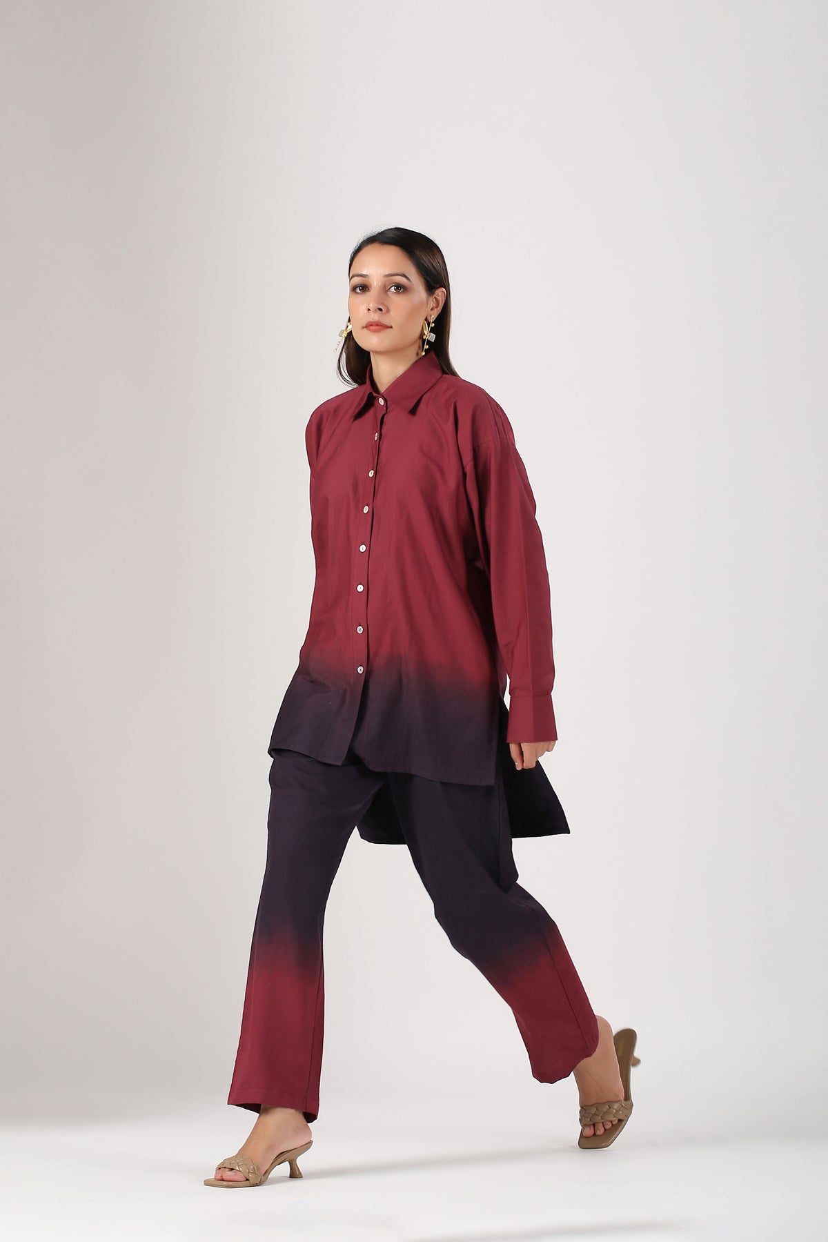 Maroon Ombre Co Ord Set at Kamakhyaa by MOH-The Eternal Dhaga. This item is 100% pure cotton, Cotton, Maroon, Moh-The eternal Dhaga, Multicolor, Natural, Office Wear, Office Wear Co-ords, Ombre and Dyes, Regular Fit, Womenswear