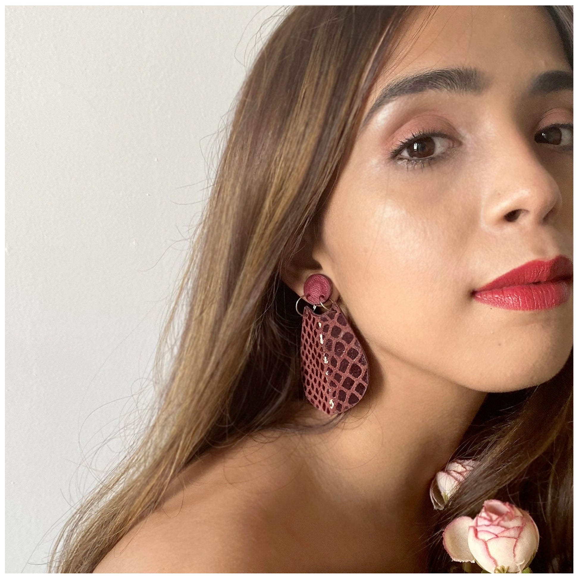 Maroon Short Earrings- Lueur at Kamakhyaa by Noupelle. This item is Casual Wear, Fashion Jewellery, Free Size, jewelry, Less than $50, Natural, Products less than $25, Red, Short Earrings, Upcycled, Upcycled leather