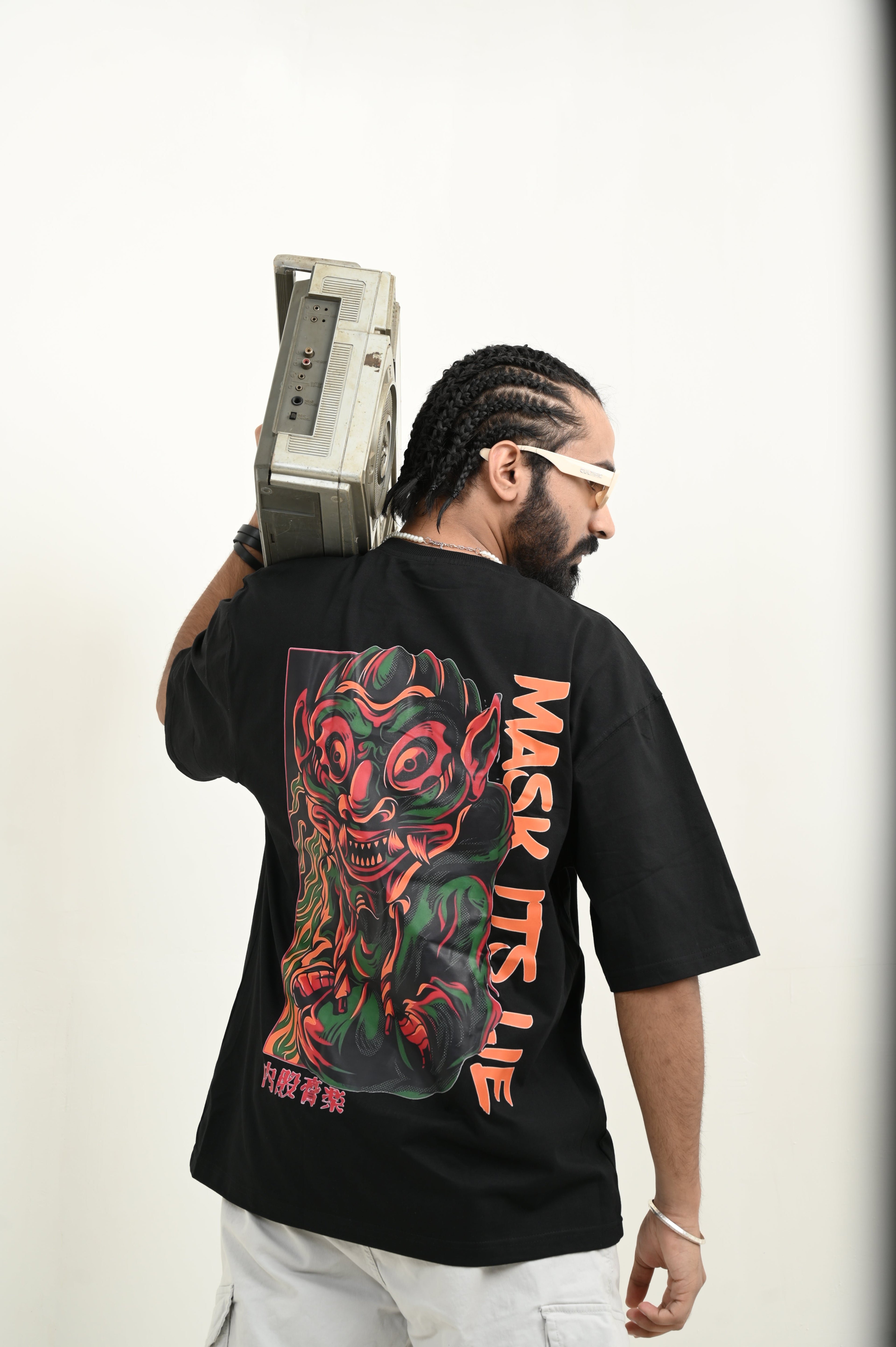 Mask It 100% Cotton Oversized Black T-shirt at Kamakhyaa by Unfussy. This item is 100% cotton, Black, Casual Wear, Organic, Oversized Fit, Printed, T-Shirts, Unfussy, Unisex, Womenswear