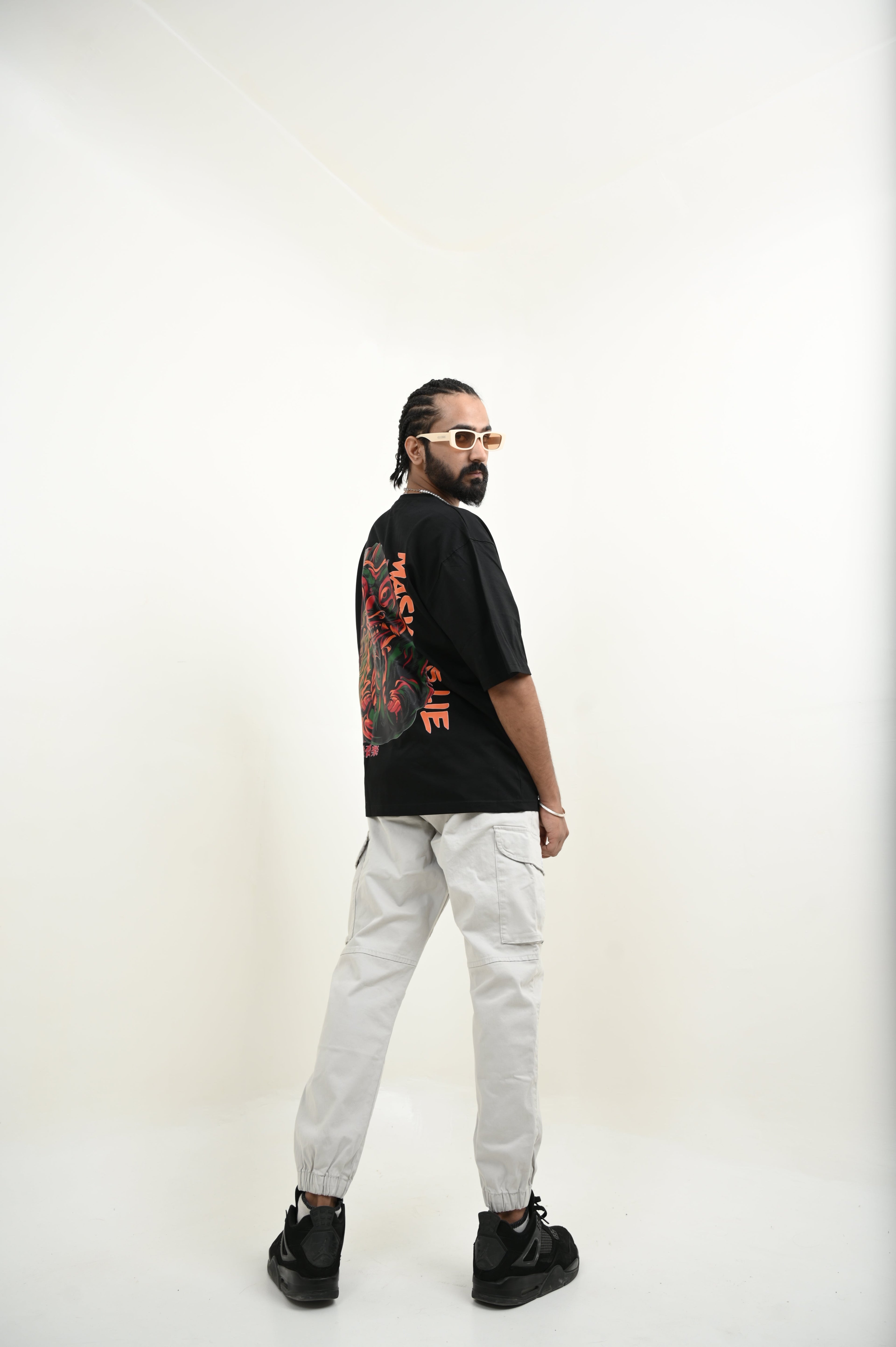 Mask It 100% Cotton Oversized Black T-shirt at Kamakhyaa by Unfussy. This item is 100% cotton, Black, Casual Wear, Organic, Oversized Fit, Printed, T-Shirts, Unfussy, Unisex, Womenswear