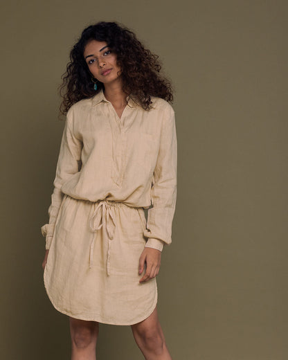 Meet Me By The Cliff Dress - Beige at Kamakhyaa by Reistor. This item is Brown, Casual Wear, Hemp, Midi Dresses, Natural, Short Dresses, Solid Selfmade, Solids, Womenswear