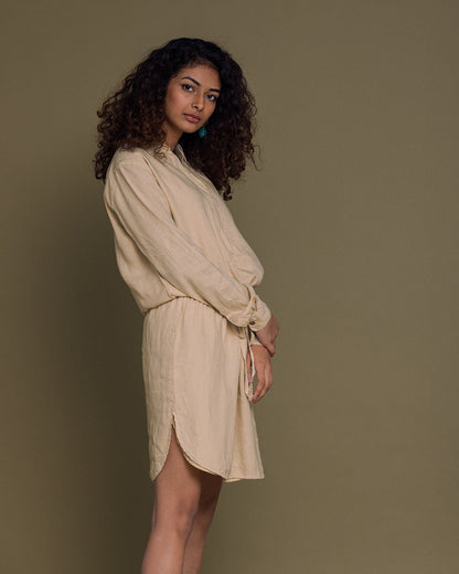 Meet Me By The Cliff Dress - Beige at Kamakhyaa by Reistor. This item is Brown, Casual Wear, Hemp, Midi Dresses, Natural, Short Dresses, Solid Selfmade, Solids, Womenswear