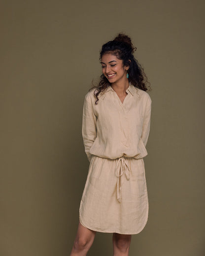 Meet Me By The Cliff Dress - Beige at Kamakhyaa by Reistor. This item is Brown, Casual Wear, Hemp, Midi Dresses, Natural, Short Dresses, Solid Selfmade, Solids, Womenswear