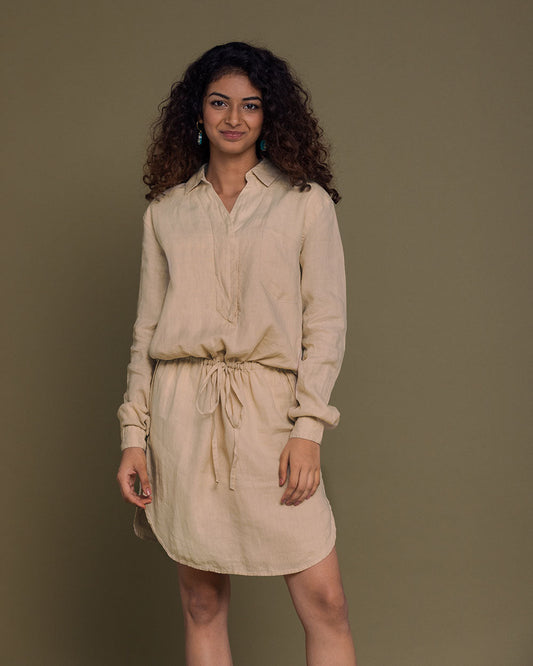 Meet Me By The Cliff Dress - Beige at Kamakhyaa by Reistor. This item is Brown, Casual Wear, Hemp, Midi Dresses, Natural, Short Dresses, Solid Selfmade, Solids, Womenswear