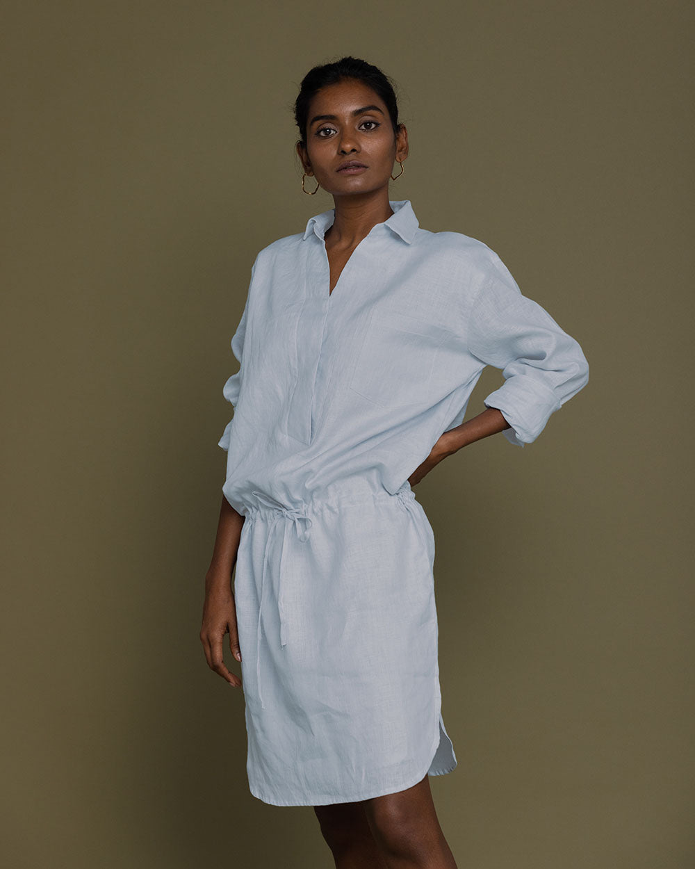 Meet Me By The Cliff Dress - Summer Blue at Kamakhyaa by Reistor. This item is Blue, Casual Wear, Hemp, Natural, Office Wear, Short Dresses, Solid Selfmade, Solids, Womenswear