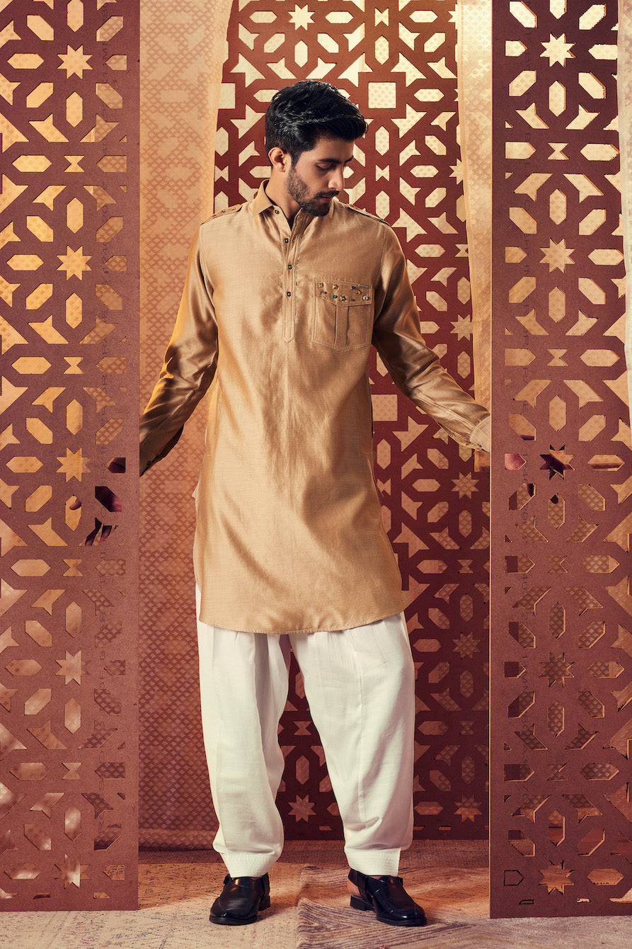 Men's Beige Pathani with Salwar - Set of 2 at Kamakhyaa by Charkhee. This item is Beige, Chanderi, Cotton, Embroidered, Ethnic Wear, For Father, Kurta Salwar Sets, Mens Co-ords, Menswear, Naayaab, Natural, Nayaab, Pathani Kurta set, Relaxed Fit