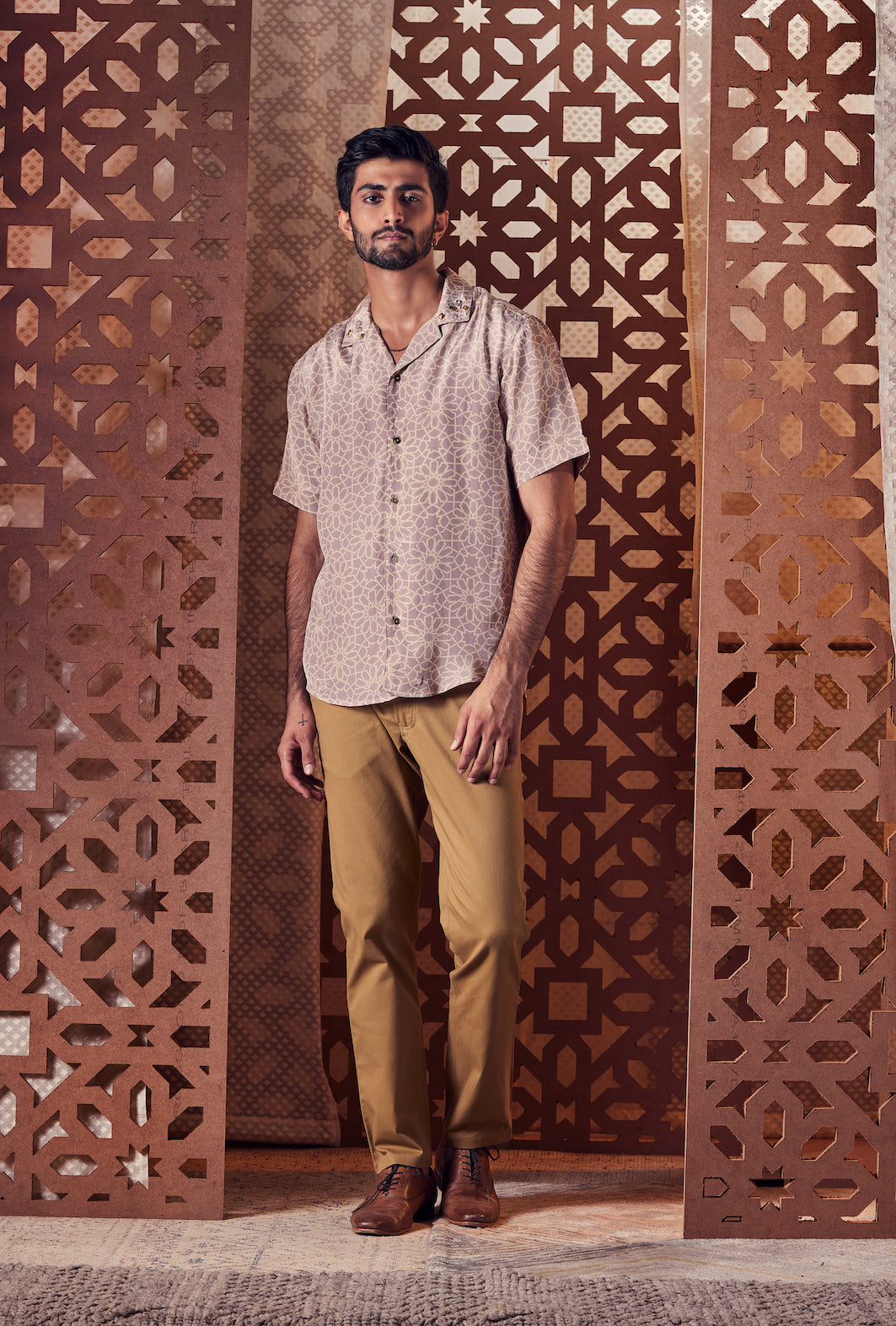 Men's Beige Printed Oversized Shirt at Kamakhyaa by Charkhee. This item is Beige, Cotton, Crepe, Embroidered, Ethnic Wear, For Anniversary, For Him, Menswear, Naayaab, Natural, Nayaab, Relaxed Fit, Shirts, Tops