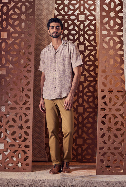 Men's Beige Printed Oversized Shirt at Kamakhyaa by Charkhee. This item is Beige, Cotton, Crepe, Embroidered, Ethnic Wear, For Anniversary, For Him, Menswear, Naayaab, Natural, Nayaab, Relaxed Fit, Shirts, Tops