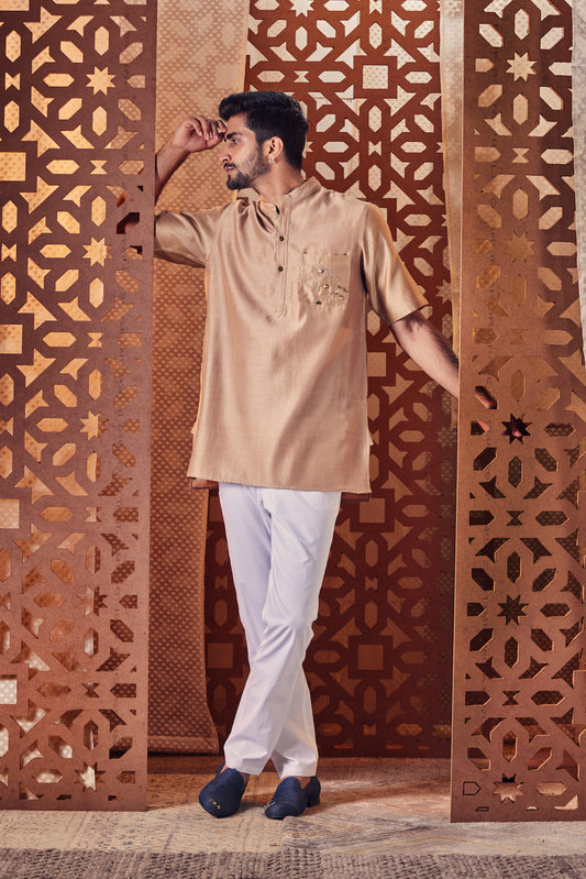 Men's Beige Short Kurta with Pant - Set of 2 at Kamakhyaa by Charkhee. This item is Beige, Chanderi, Cotton, Embroidered, Ethnic Wear, For Father, Kurta Pant Sets, Mens Co-ords, Menswear, Naayaab, Natural, Nayaab, Poplin, Relaxed Fit, Short kurta Set