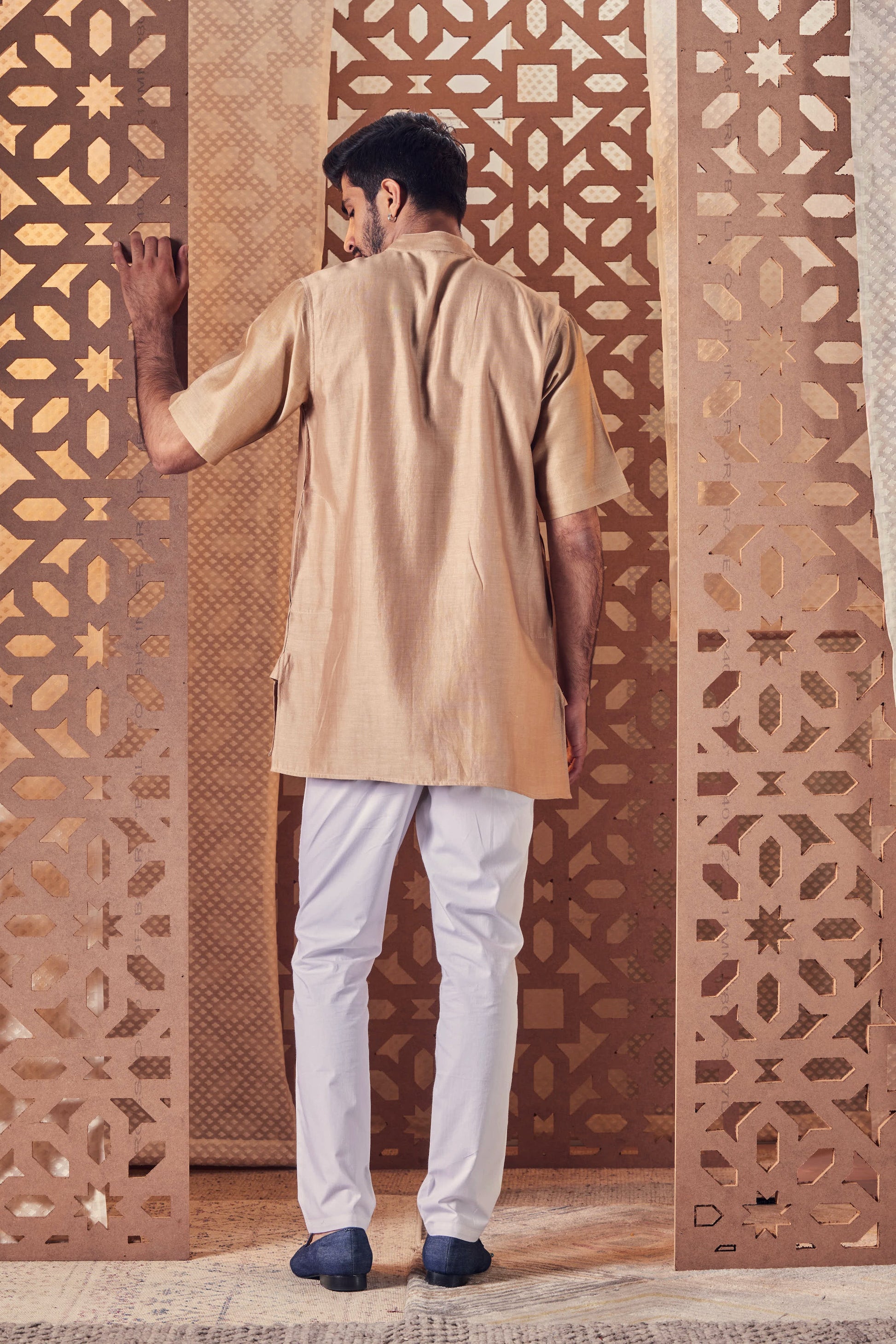 Men's Beige Short Kurta with Pant - Set of 2 at Kamakhyaa by Charkhee. This item is Beige, Chanderi, Cotton, Embroidered, Ethnic Wear, For Father, Kurta Pant Sets, Mens Co-ords, Menswear, Naayaab, Natural, Nayaab, Poplin, Relaxed Fit, Short kurta Set
