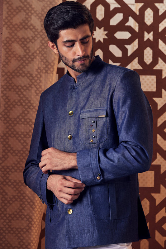 Men's Blue Denim Blazer at Kamakhyaa by Charkhee. This item is Black, Blazers, Blue, Crepe, Denim, Embroidered, Ethnic Wear, Mens Overlay, Menswear, Naayaab, Natural, Nayaab, Relaxed Fit