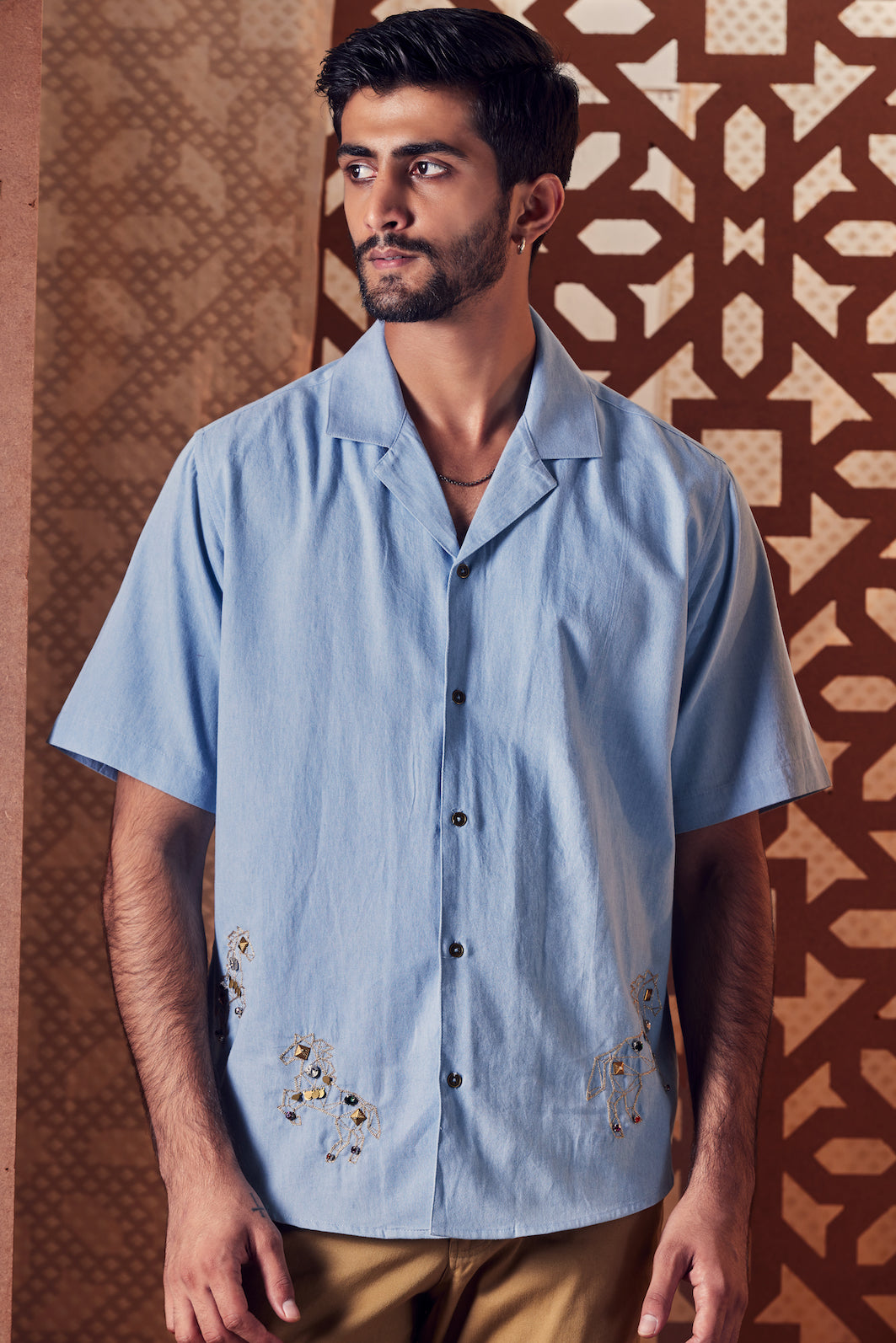 Men's Blue Denim Oversized Shirt at Kamakhyaa by Charkhee. This item is Blue, Denim, Embroidered, Ethnic Wear, For Anniversary, For Him, Menswear, Naayaab, Natural, Nayaab, Relaxed Fit, Shirts, Tops