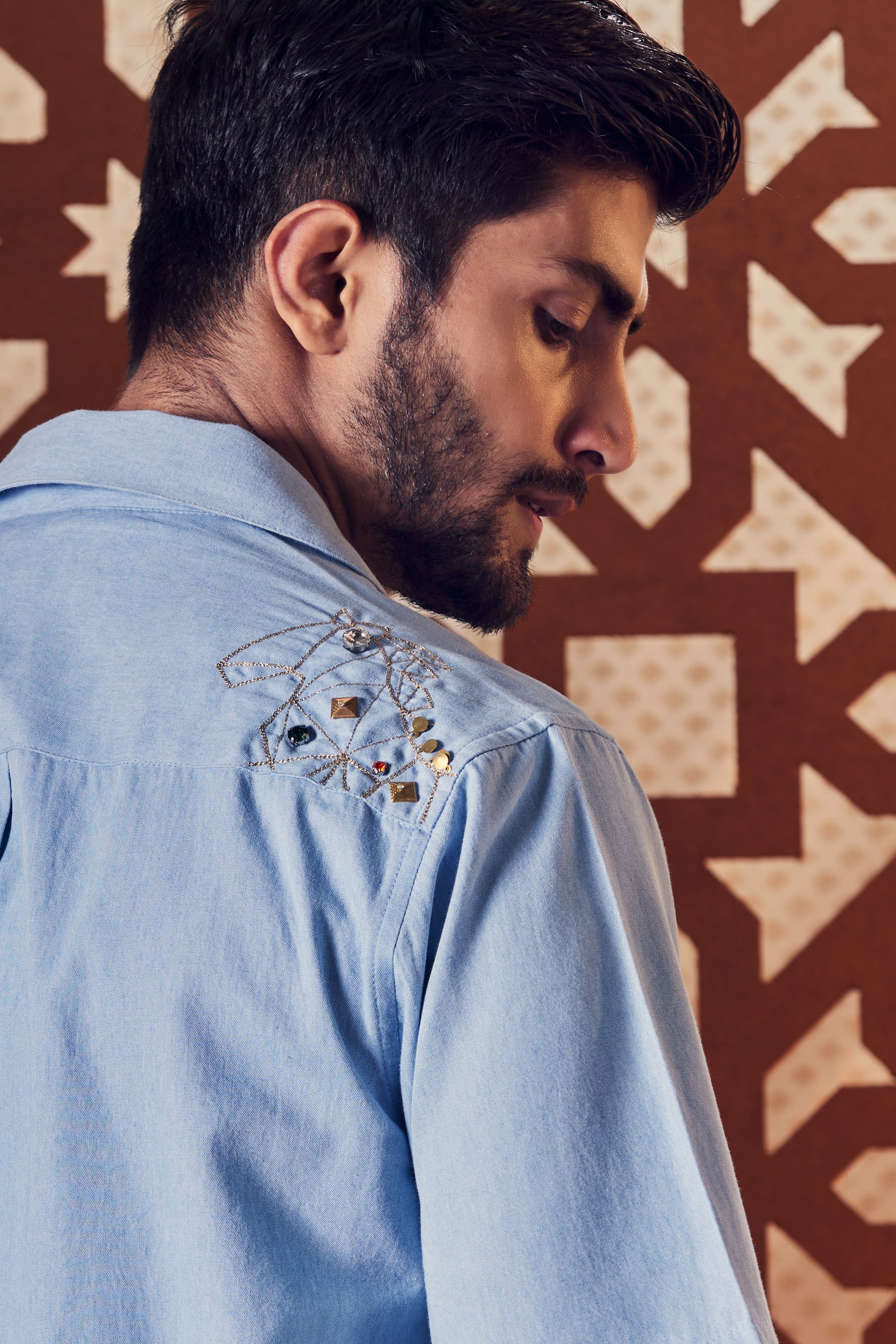 Men's Blue Denim Oversized Shirt at Kamakhyaa by Charkhee. This item is Blue, Denim, Embroidered, Ethnic Wear, For Anniversary, For Him, Menswear, Naayaab, Natural, Nayaab, Relaxed Fit, Shirts, Tops