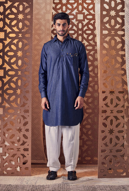 Men's Blue Pathani with Salwar - Set of 2 at Kamakhyaa by Charkhee. This item is Blue, Cotton, Denim, Embroidered, Ethnic Wear, Kurta Salwar Sets, Mens Co-ords, Menswear, Naayaab, Natural, Nayaab, Pathani Kurta set, Relaxed Fit