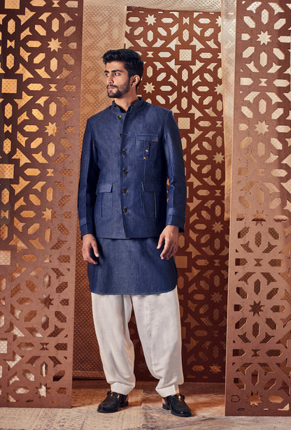 Men's Blue Pathani with Salwar - Set of 2 at Kamakhyaa by Charkhee. This item is Blue, Cotton, Denim, Embroidered, Ethnic Wear, Kurta Salwar Sets, Mens Co-ords, Menswear, Naayaab, Natural, Nayaab, Pathani Kurta set, Relaxed Fit