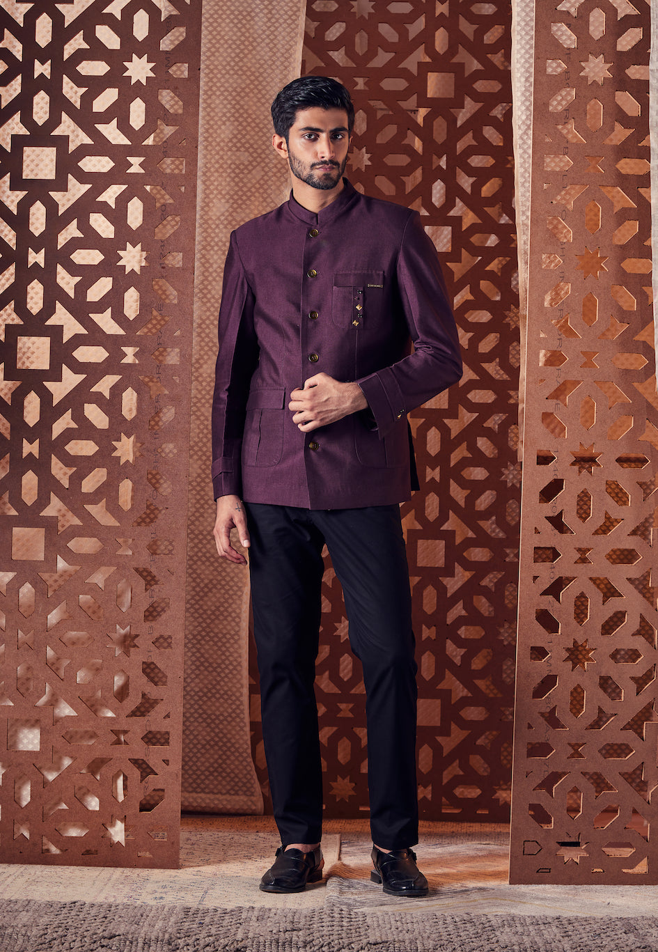 Men's Brown Blazer at Kamakhyaa by Charkhee. This item is Banana Silk, Blazers, Brown, Crepe, Embroidered, Ethnic Wear, For Him, Mens Overlay, Menswear, Naayaab, Natural, Nayaab, Relaxed Fit