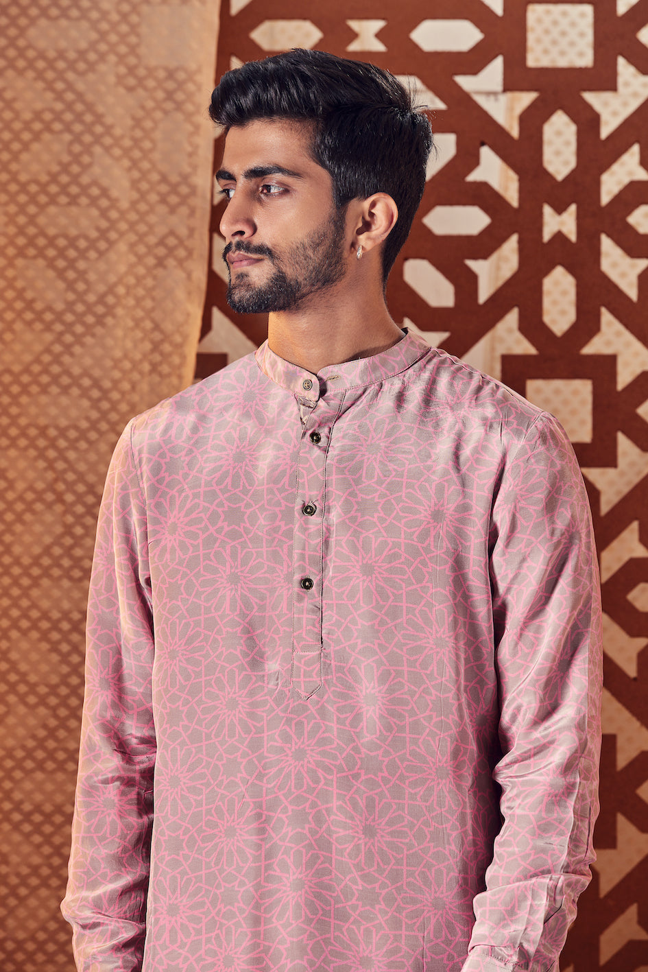 Men's Pink Printed Kurta with Pant - Set of 2 at Kamakhyaa by Charkhee. This item is Cotton, Crepe, Embroidered, Ethnic Wear, For Him, Kurta Pant Sets, Mens Co-ords, Menswear, Naayaab, Natural, Nayaab, Pink, Poplin, Relaxed Fit