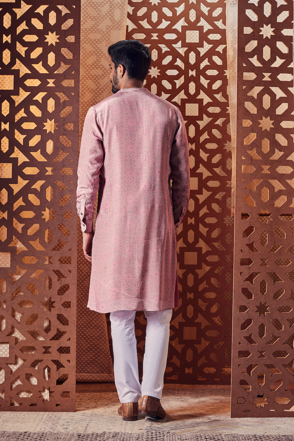 Men's Pink Printed Kurta with Pant - Set of 2 at Kamakhyaa by Charkhee. This item is Cotton, Crepe, Embroidered, Ethnic Wear, For Him, Kurta Pant Sets, Mens Co-ords, Menswear, Naayaab, Natural, Nayaab, Pink, Poplin, Relaxed Fit