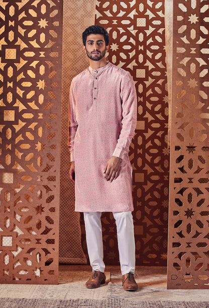 Men's Pink Printed Kurta with Pant - Set of 2 at Kamakhyaa by Charkhee. This item is Cotton, Crepe, Embroidered, Ethnic Wear, For Him, Kurta Pant Sets, Mens Co-ords, Menswear, Naayaab, Natural, Nayaab, Pink, Poplin, Relaxed Fit