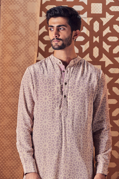 Men's Printed Kurta with Pant - Set of 2 at Kamakhyaa by Charkhee. This item is Beige, Cotton, Crepe, Embroidered, Ethnic Wear, Kurta Pant Sets, Mens Co-ords, Menswear, Naayaab, Natural, Nayaab, Poplin, Relaxed Fit