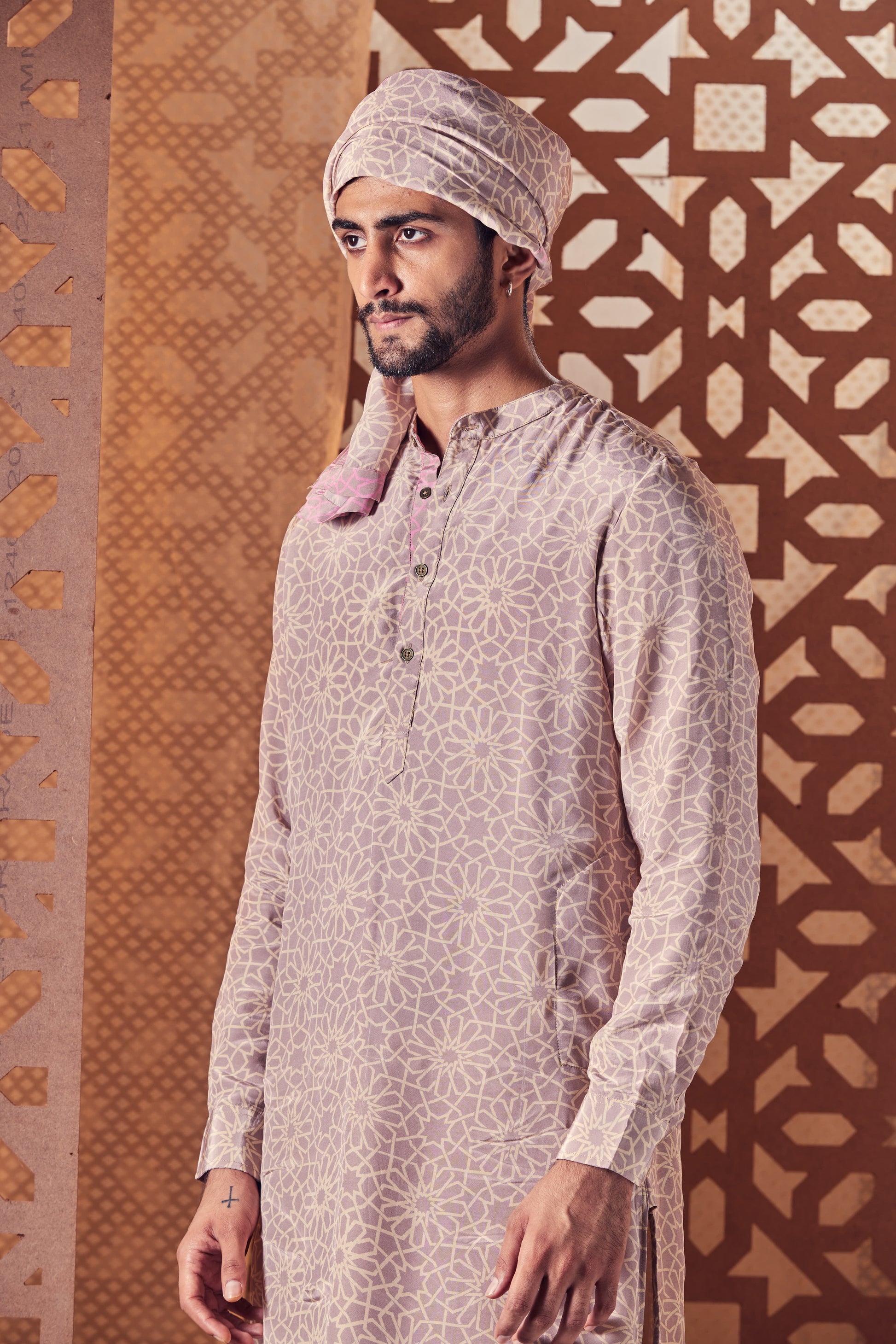 Men's Printed Kurta with Pant - Set of 2 at Kamakhyaa by Charkhee. This item is Beige, Cotton, Crepe, Embroidered, Ethnic Wear, Kurta Pant Sets, Mens Co-ords, Menswear, Naayaab, Natural, Nayaab, Poplin, Relaxed Fit