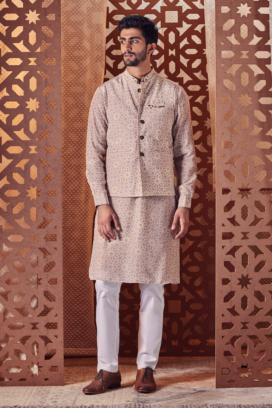 Men's Printed Kurta with Pant - Set of 2 at Kamakhyaa by Charkhee. This item is Beige, Cotton, Crepe, Embroidered, Ethnic Wear, Kurta Pant Sets, Mens Co-ords, Menswear, Naayaab, Natural, Nayaab, Poplin, Relaxed Fit