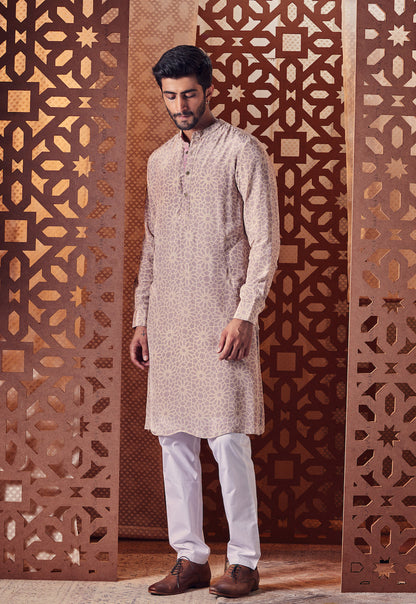 Men's Printed Kurta with Pant - Set of 2 at Kamakhyaa by Charkhee. This item is Beige, Cotton, Crepe, Embroidered, Ethnic Wear, Kurta Pant Sets, Mens Co-ords, Menswear, Naayaab, Natural, Nayaab, Poplin, Relaxed Fit