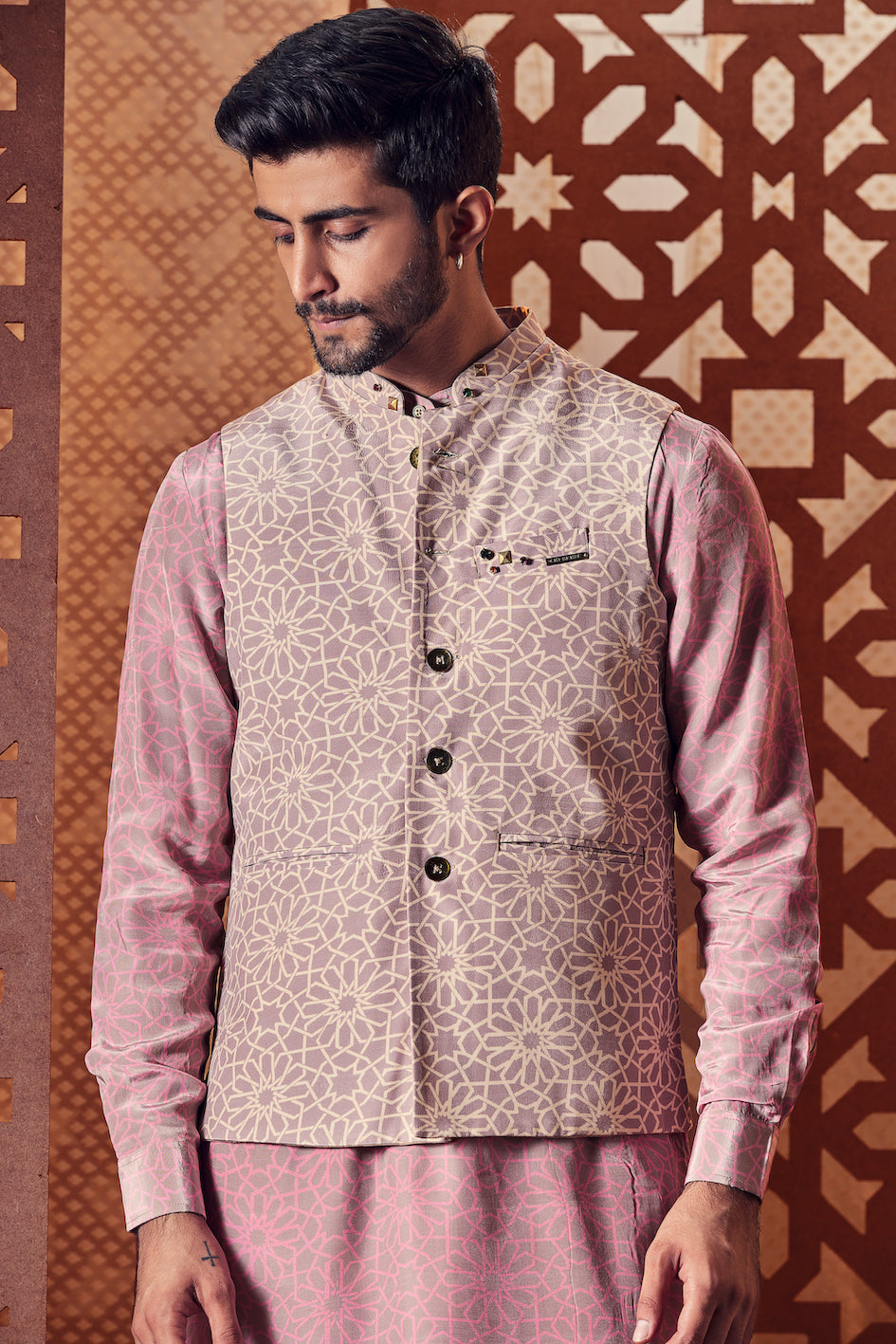 Men's Printed Nehru Jacket at Kamakhyaa by Charkhee. This item is Beige, Cotton, Crepe, Embroidered, Ethnic Wear, Indian Wear, Indianwear Jackets, Jackets, Mens Overlay, Menswear, Naayaab, Natural, Nayaab, Nehru Jacket, Relaxed Fit