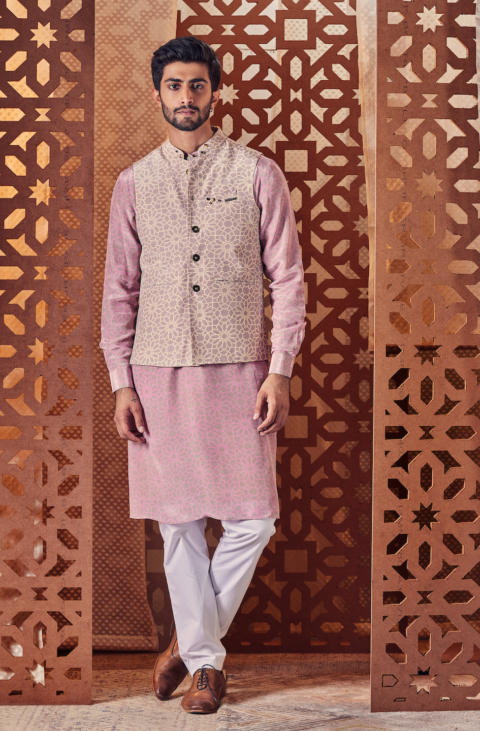 Men's Printed Nehru Jacket at Kamakhyaa by Charkhee. This item is Beige, Cotton, Crepe, Embroidered, Ethnic Wear, Indian Wear, Indianwear Jackets, Jackets, Mens Overlay, Menswear, Naayaab, Natural, Nayaab, Nehru Jacket, Relaxed Fit