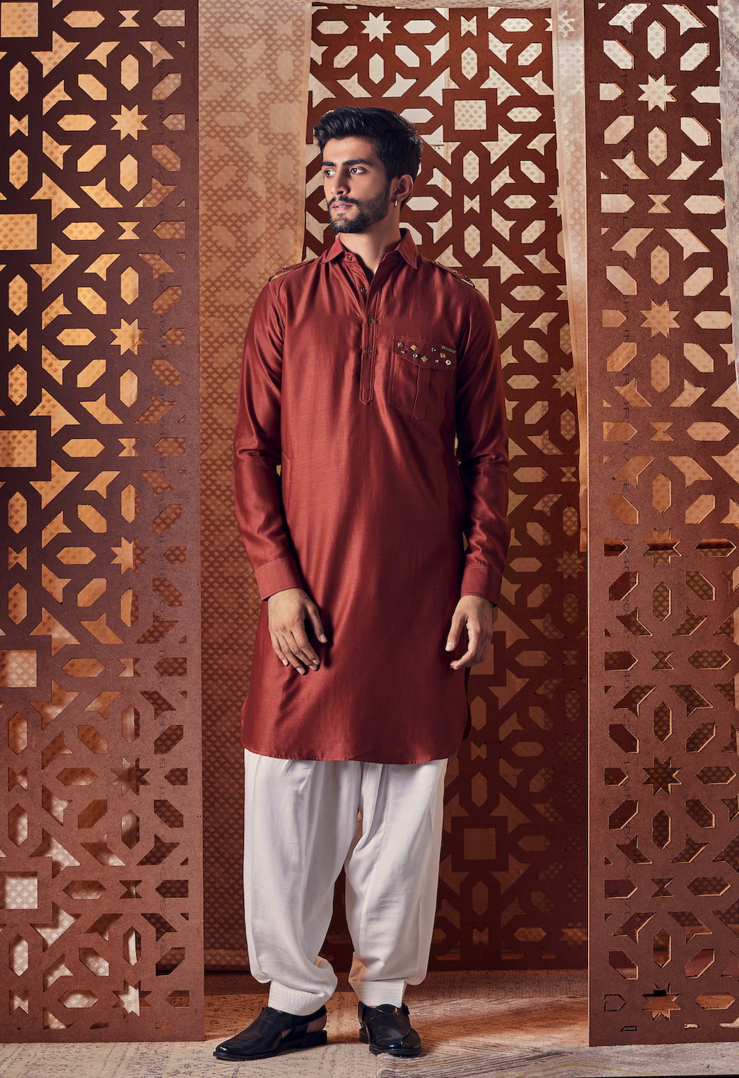 Men's Red Pathani with Salwar - Set of 2 at Kamakhyaa by Charkhee. This item is Chanderi, Cotton, Embroidered, Ethnic Wear, Kurta Salwar Sets, Mens Co-ords, Menswear, Naayaab, Natural, Nayaab, Pathani Kurta set, Red, Relaxed Fit