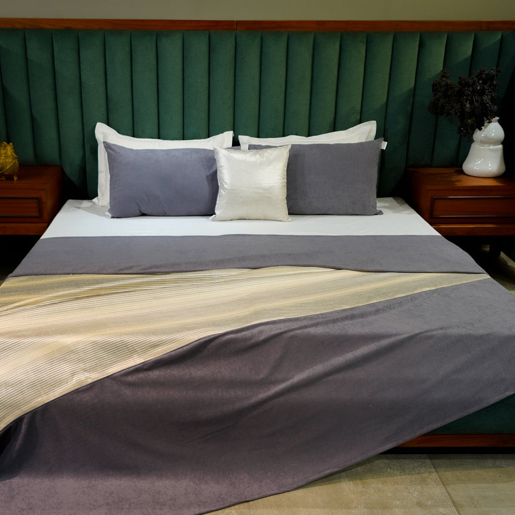 Modern Charcoal Bed Cover with Pillow Covers & Cushion/s at Kamakhyaa by Aetherea. This item is Bed Covers, Cotton, Grey, Home, Light Grey, Stripes, Upcycled, White