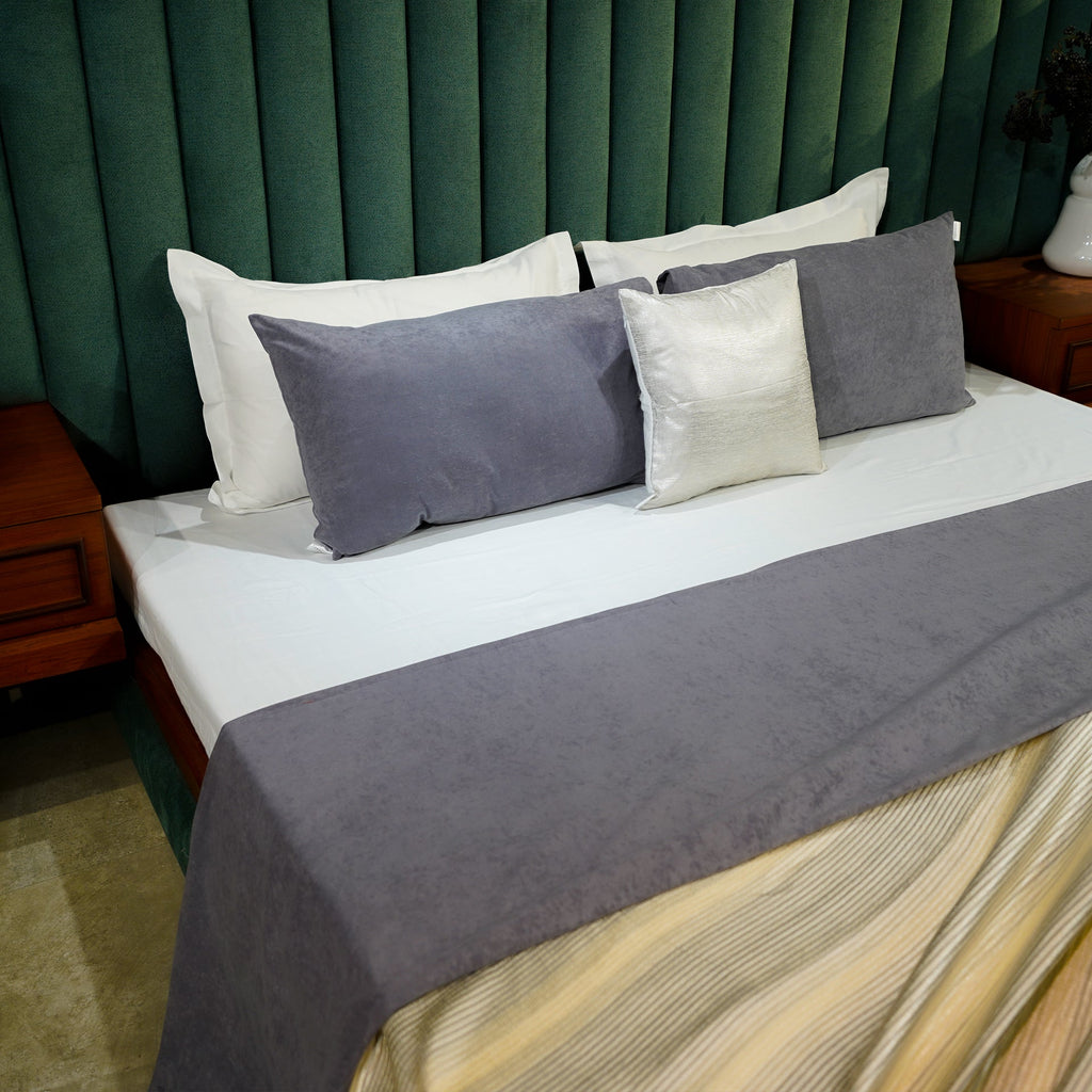 Modern Charcoal Bed Cover with Pillow Covers & Cushion/s at Kamakhyaa by Aetherea. This item is Bed Covers, Cotton, Grey, Home, Light Grey, Stripes, Upcycled, White