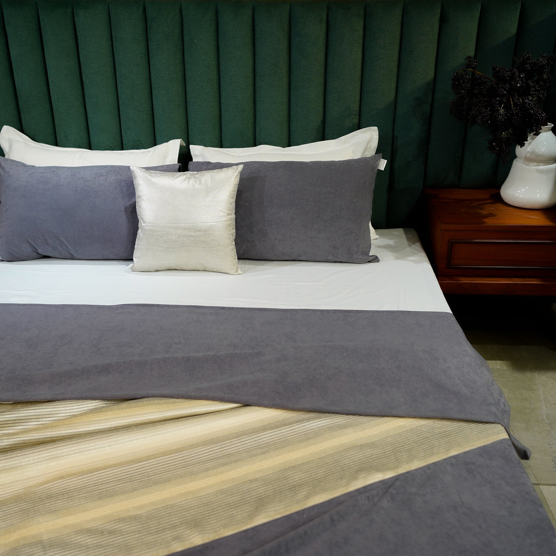 Modern Charcoal Bed Cover with Pillow Covers & Cushion/s at Kamakhyaa by Aetherea. This item is Bed Covers, Cotton, Grey, Home, Light Grey, Stripes, Upcycled, White