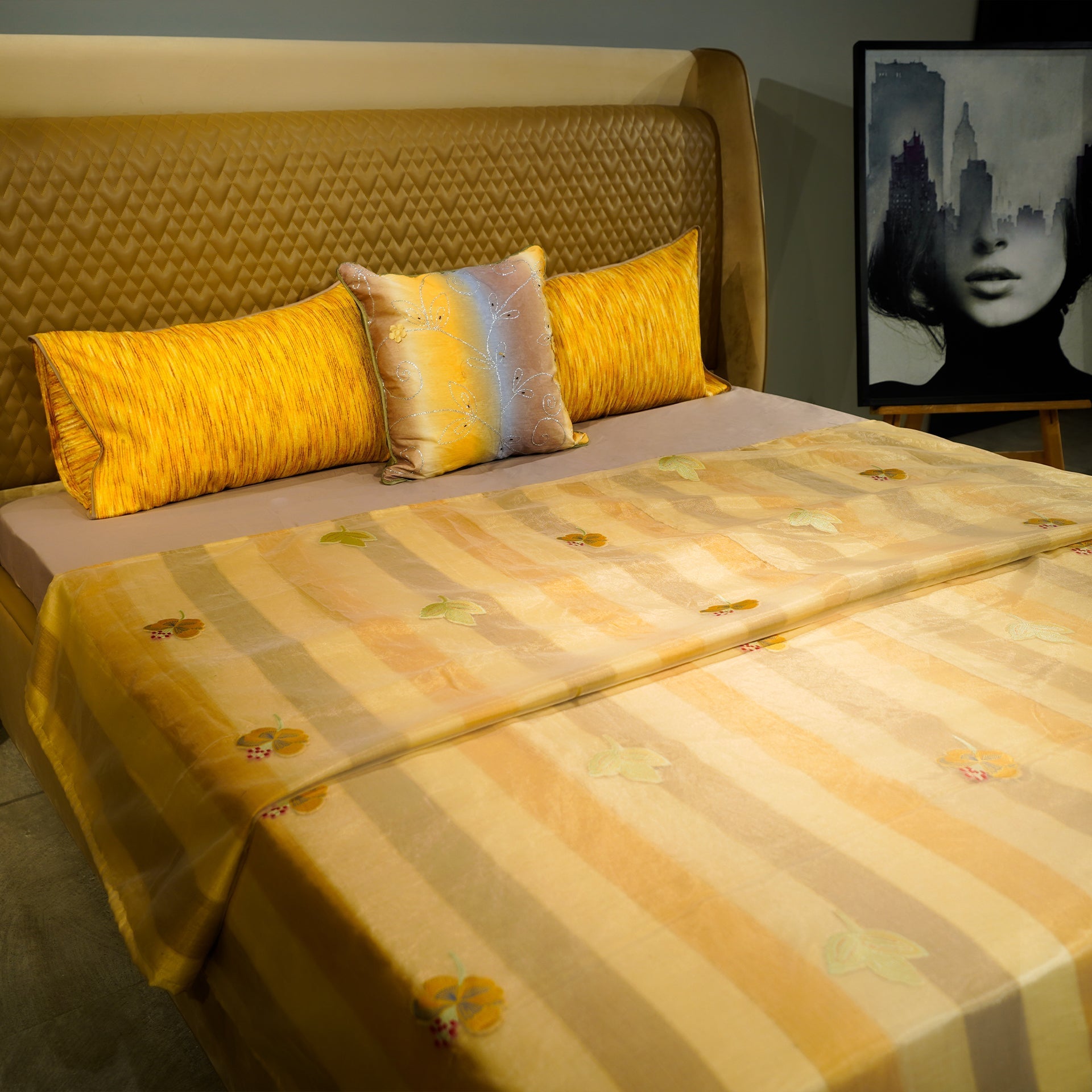 Monochrome Blossom Bed Cover with Pillow Covers & Cushion/s at Kamakhyaa by Aetherea. This item is Bed Covers, Home, Monochrome, Sheer, Silk, Upcycled, Yellow