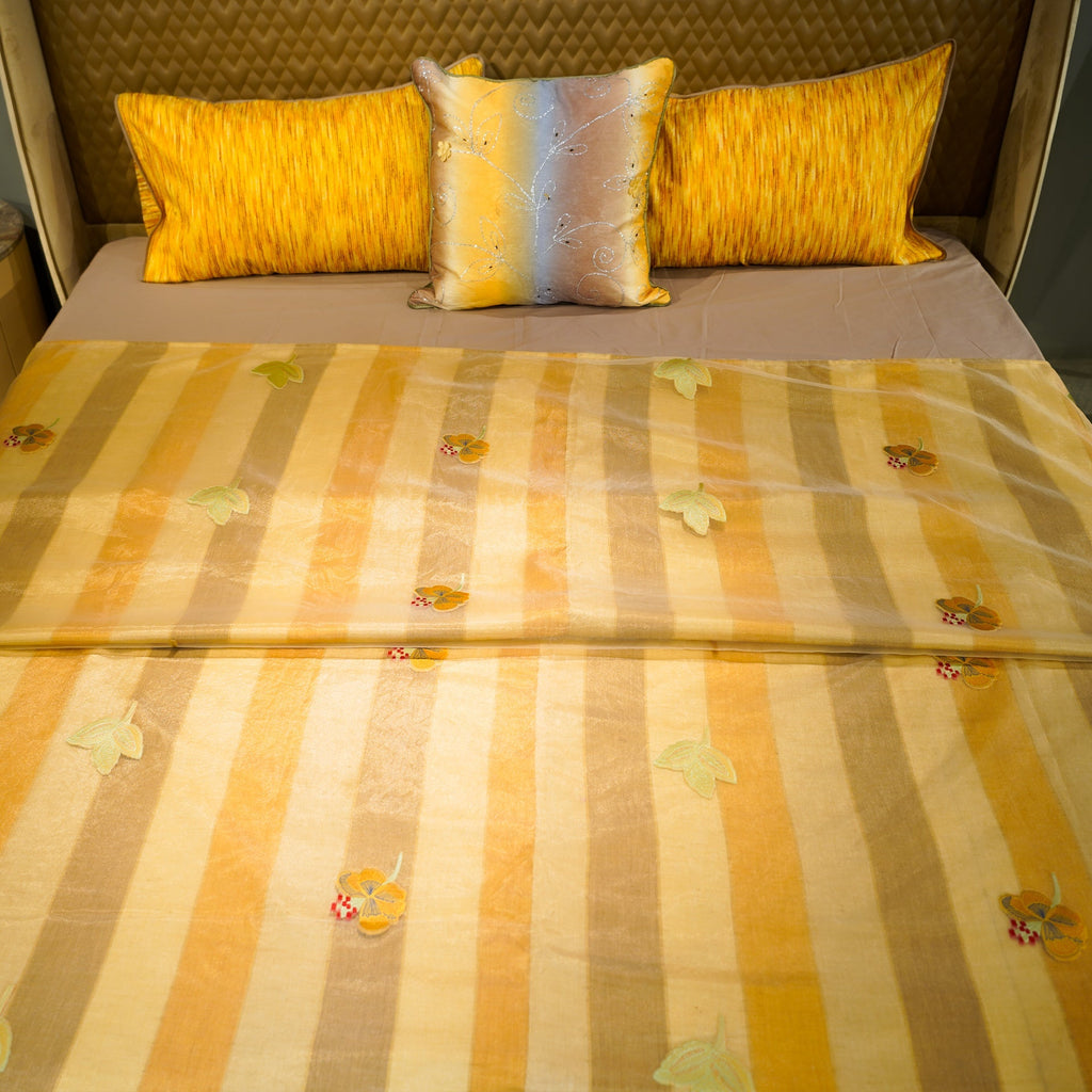 Monochrome Blossom Bed Cover with Pillow Covers & Cushion/s at Kamakhyaa by Aetherea. This item is Bed Covers, Home, Monochrome, Sheer, Silk, Upcycled, Yellow