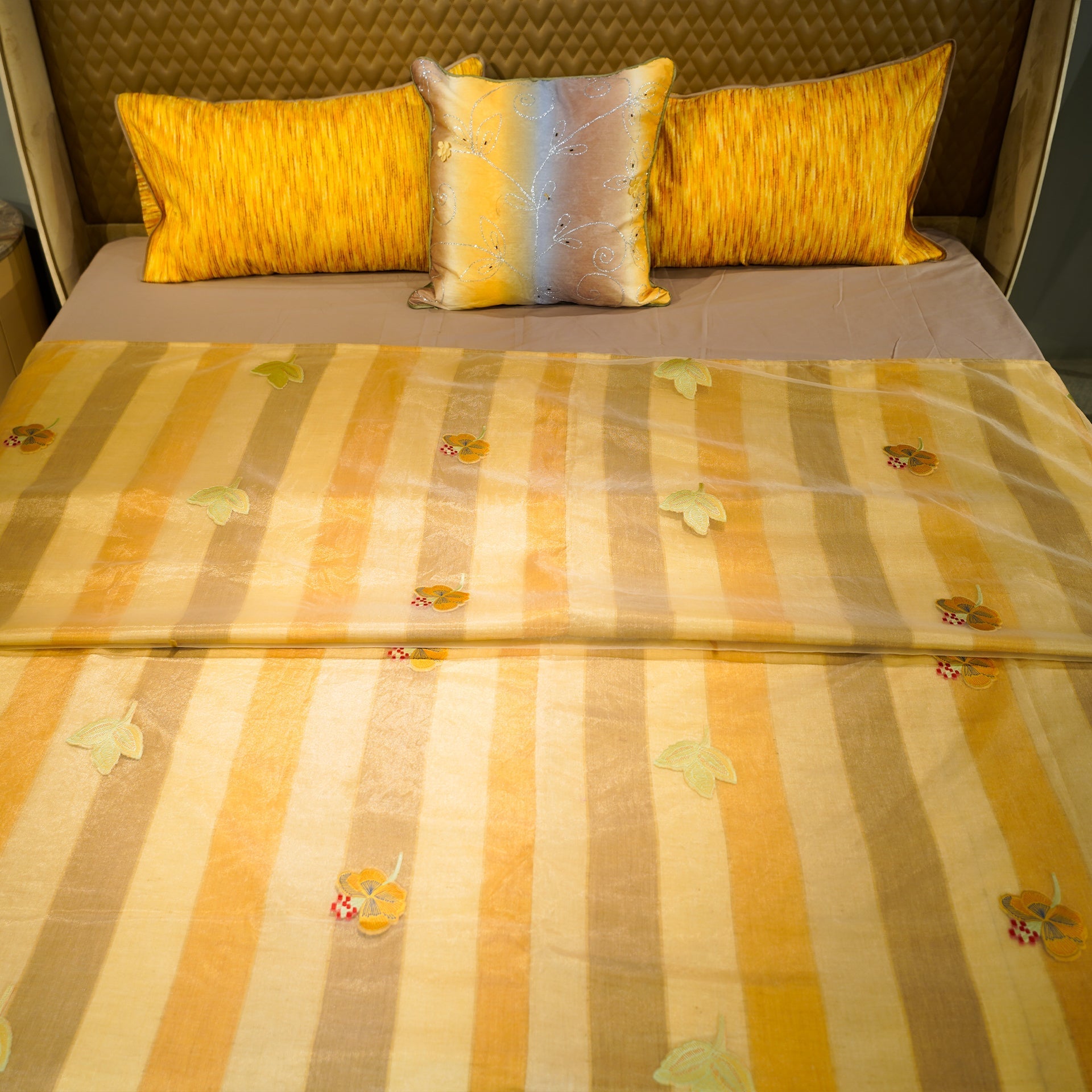 Monochrome Blossom Bed Cover with Pillow Covers & Cushion/s at Kamakhyaa by Aetherea. This item is Bed Covers, Home, Monochrome, Sheer, Silk, Upcycled, Yellow