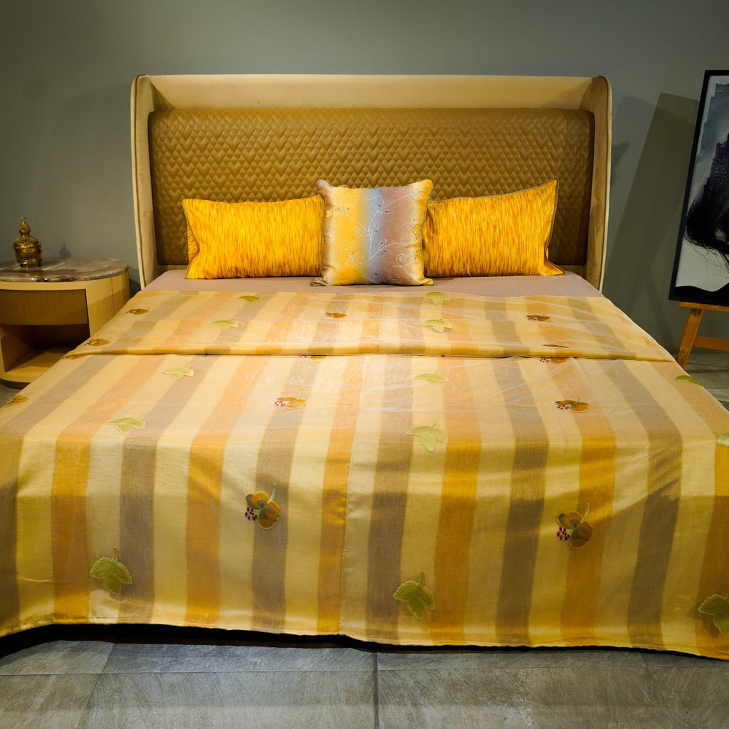 Monochrome Blossom Bed Cover with Pillow Covers & Cushion/s at Kamakhyaa by Aetherea. This item is Bed Covers, Home, Monochrome, Sheer, Silk, Upcycled, Yellow