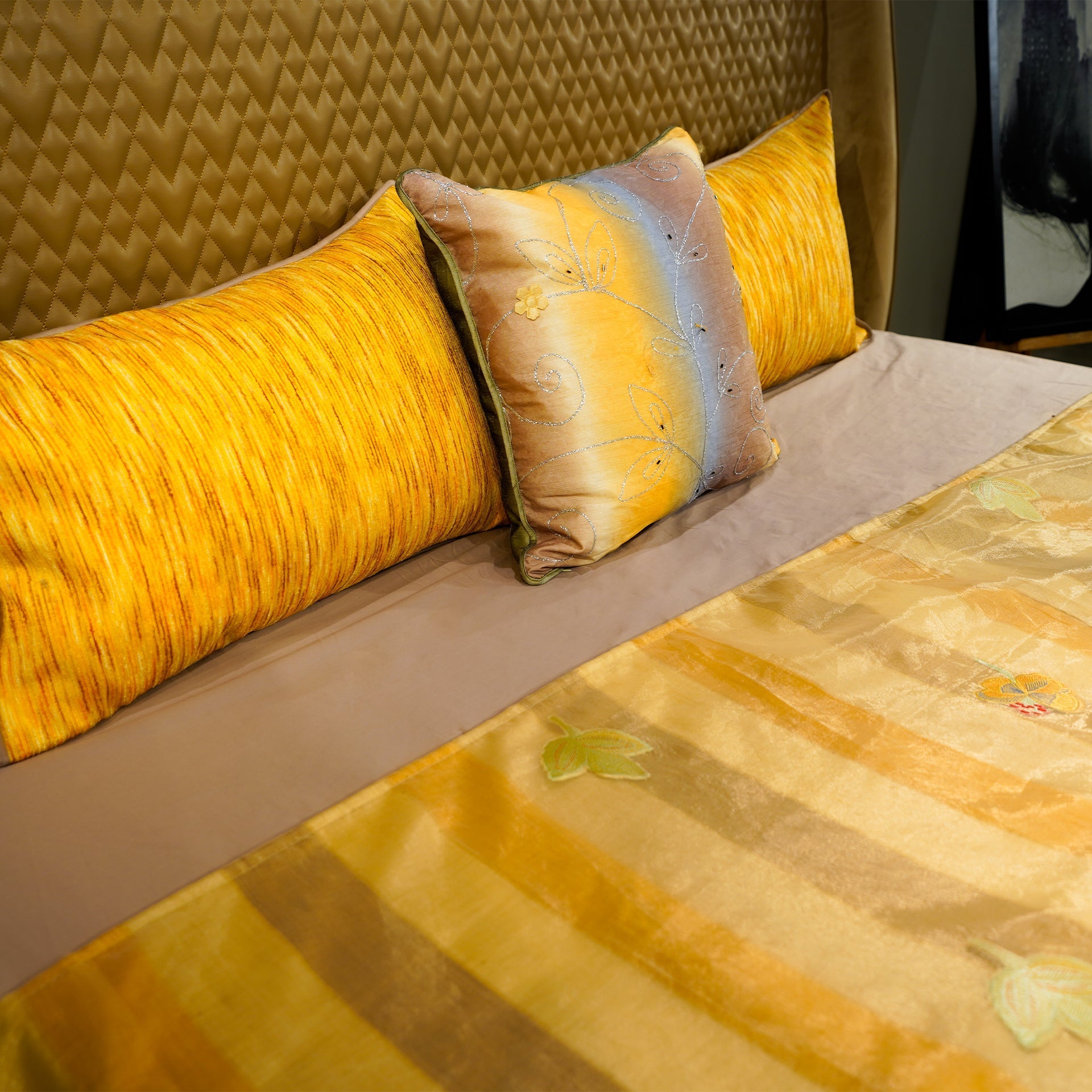 Monochrome Blossom Bed Cover with Pillow Covers & Cushion/s at Kamakhyaa by Aetherea. This item is Bed Covers, Home, Monochrome, Sheer, Silk, Upcycled, Yellow