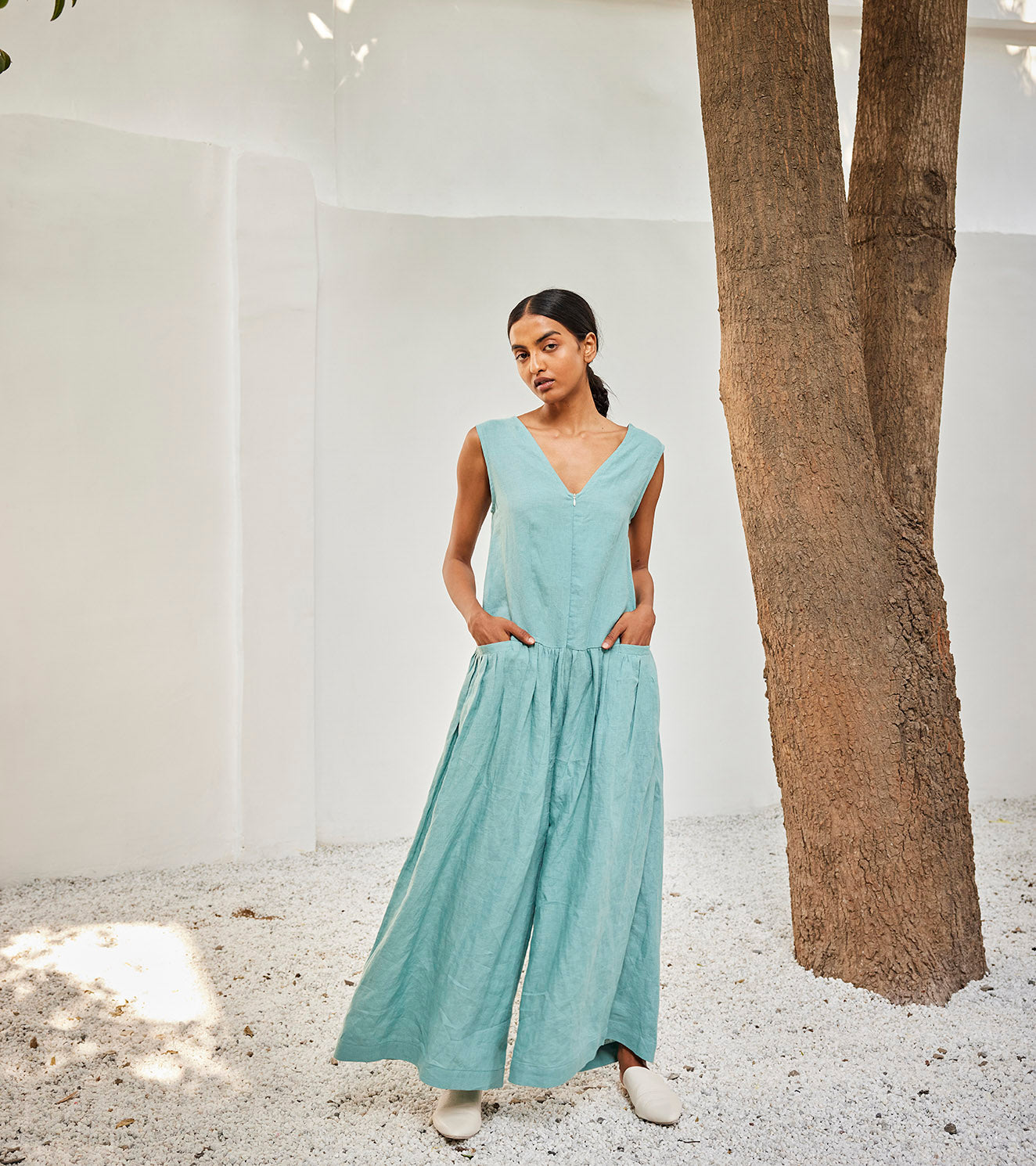Morning sky jumpsuit at Kamakhyaa by Khara Kapas. This item is Blue, Casual Wear, Jumpsuits, Linen, Oh! Sussana Spring 2023, Organic, Regular Fit, Solid Selfmade, Solids, Womenswear
