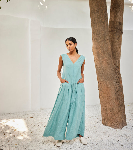 Morning sky jumpsuit at Kamakhyaa by Khara Kapas. This item is Blue, Casual Wear, Jumpsuits, Linen, Oh! Sussana Spring 2023, Organic, Regular Fit, Solid Selfmade, Solids, Womenswear
