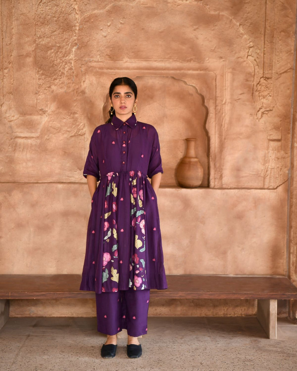 Mulberry Kurta Set With Dupatta at Kamakhyaa by Taro. This item is Beads work, Best Selling, Cotton, Digital Print, Enchanted Garden, Evening Wear, Indian Wear, July Sale, July Sale 2023, Kurta Pant Sets, Kurta Set With Dupatta, Natural, Natural with azo free dyes, Purple, Relaxed Fit, Silk Chanderi, Womenswear