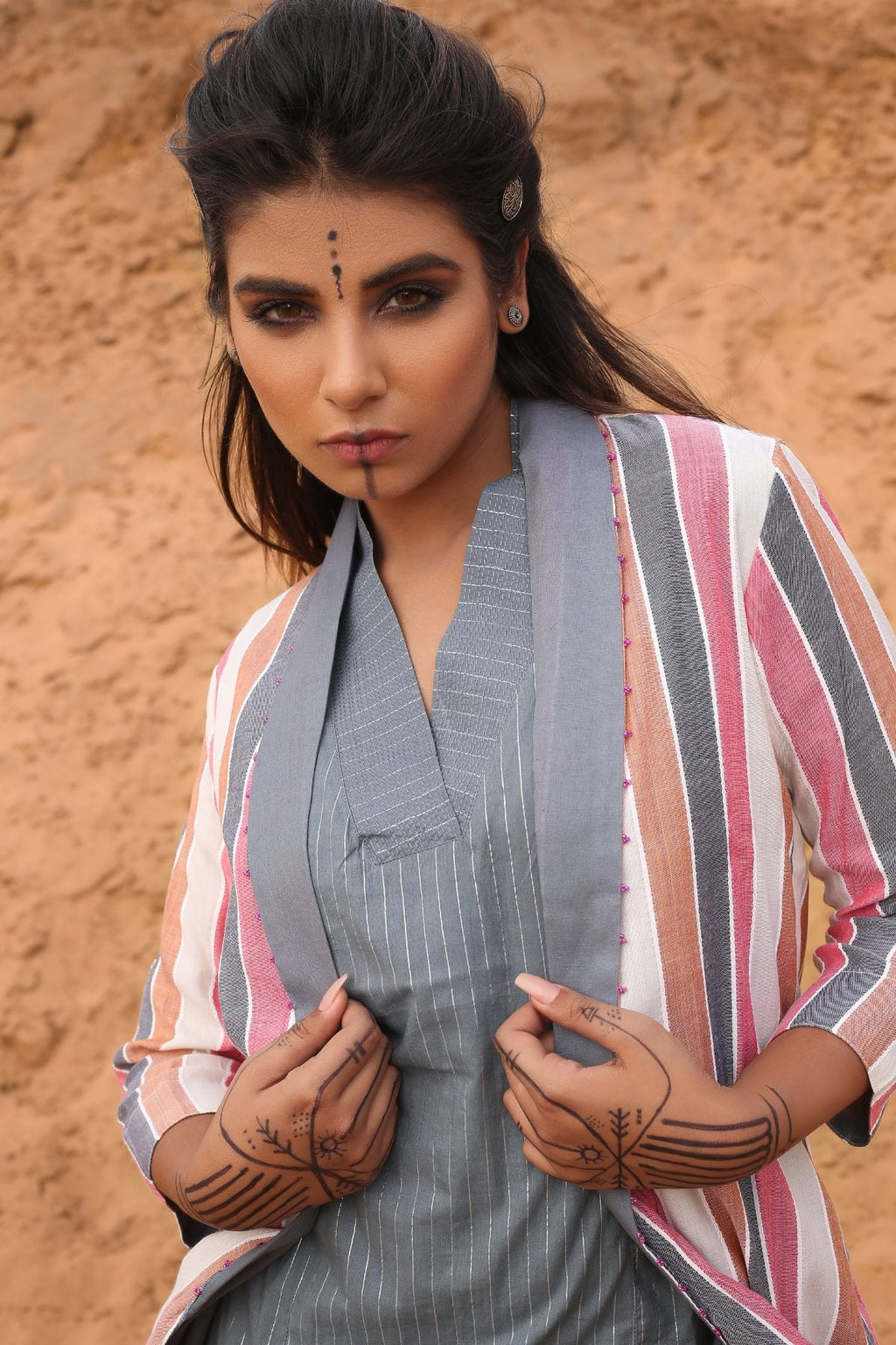 Multi-Color Striped Cape With Kurta And Pants - Set Of Three at Kamakhyaa by Keva. This item is Cape, Co-ord Sets, Cotton, Cotton Lurex, Desert Rose, Multicolor, Natural, Relaxed Fit, Resort Wear, Stripes, Travel, Travel Co-ords, Womenswear