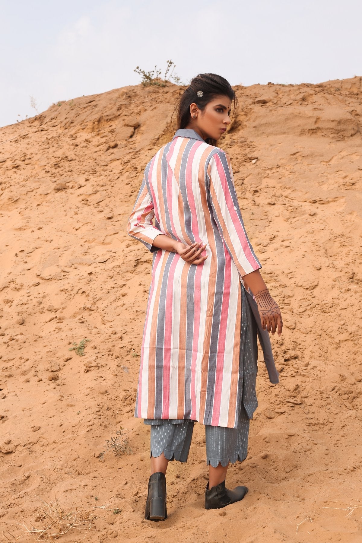 Multi-Color Striped Cape With Kurta And Pants - Set Of Three at Kamakhyaa by Keva. This item is Cape, Co-ord Sets, Cotton, Cotton Lurex, Desert Rose, Multicolor, Natural, Relaxed Fit, Resort Wear, Stripes, Travel, Travel Co-ords, Womenswear