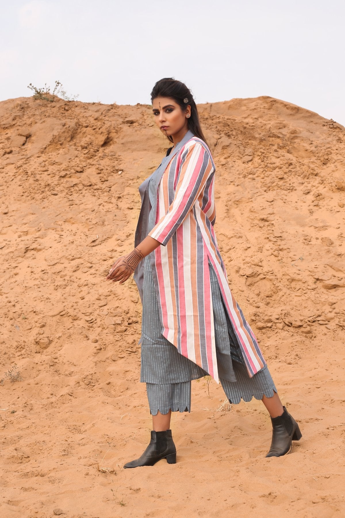Multi-Color Striped Cape With Kurta And Pants - Set Of Three at Kamakhyaa by Keva. This item is Cape, Co-ord Sets, Cotton, Cotton Lurex, Desert Rose, Multicolor, Natural, Relaxed Fit, Resort Wear, Stripes, Travel, Travel Co-ords, Womenswear