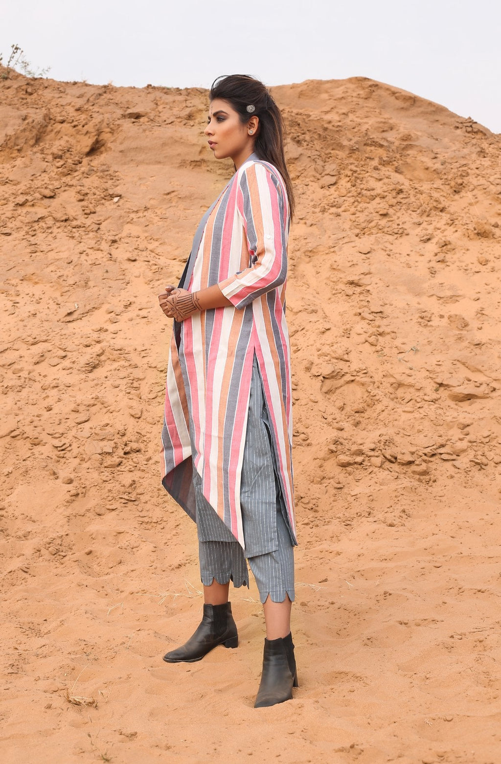 Multi-Color Striped Cape With Kurta And Pants - Set Of Three at Kamakhyaa by Keva. This item is Cape, Co-ord Sets, Cotton, Cotton Lurex, Desert Rose, Multicolor, Natural, Relaxed Fit, Resort Wear, Stripes, Travel, Travel Co-ords, Womenswear