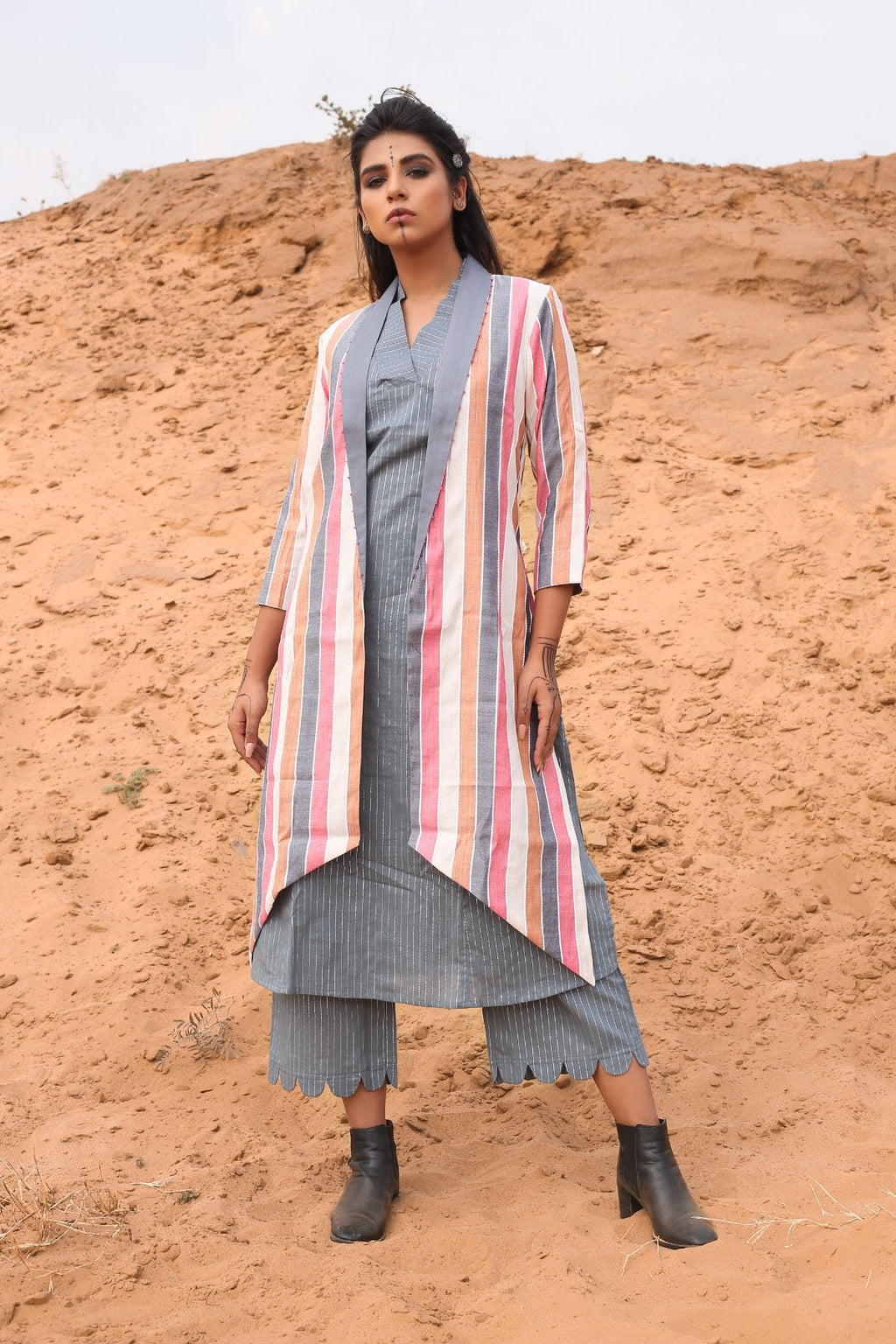 Multi-Color Striped Cape With Kurta And Pants - Set Of Three at Kamakhyaa by Keva. This item is Cape, Co-ord Sets, Cotton, Cotton Lurex, Desert Rose, Multicolor, Natural, Relaxed Fit, Resort Wear, Stripes, Travel, Travel Co-ords, Womenswear