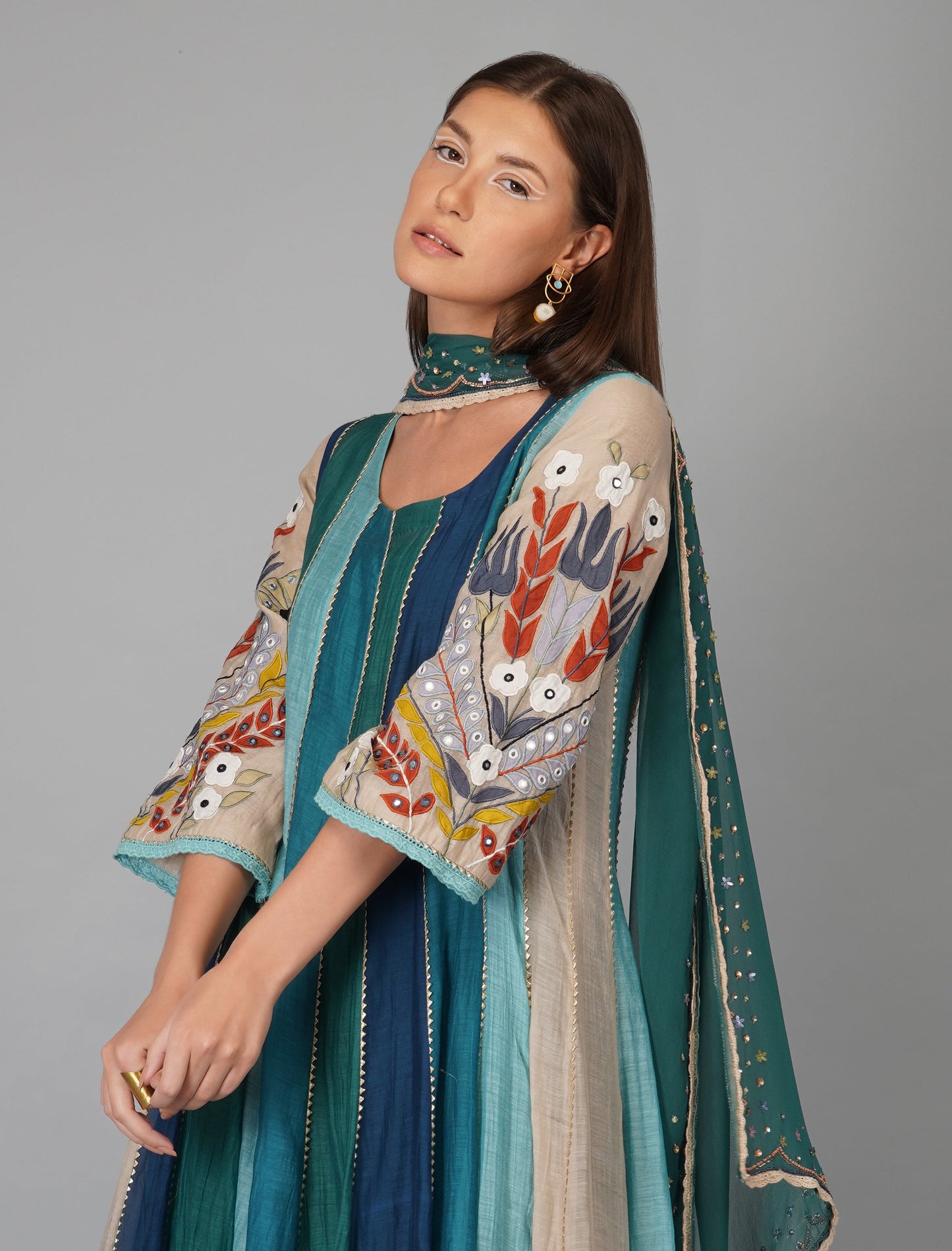 Multi Colored Appliqued Sleeves Chanderi Anarkali Set at Kamakhyaa by Devyani Mehrotra. This item is Chanderi Silk, Cotton, Embroidered, Festive Wear, Georgette, Kurta Pant Sets, Kurta Set with Dupattas, Multicolor, Natural, Pre Spring 2023, Relaxed Fit, Solids, Womenswear